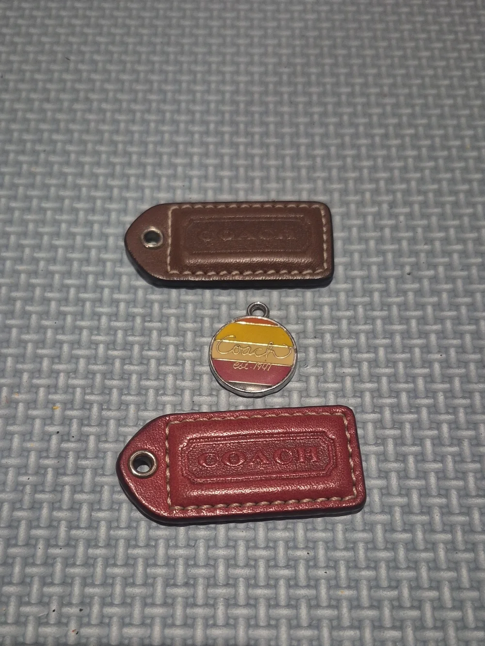 Coach Leather Tag and Enamel Pendant Set - Brown, Red, Yellow